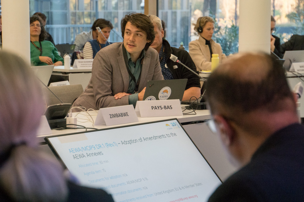 Nick Warmelink (The Netherlands) taking the floor during AEWA MOP9 working group discussions at the UN Campus in Bonn, Germany / Photo by Aydin Bahramlouian (CC BY-NC 4.0)