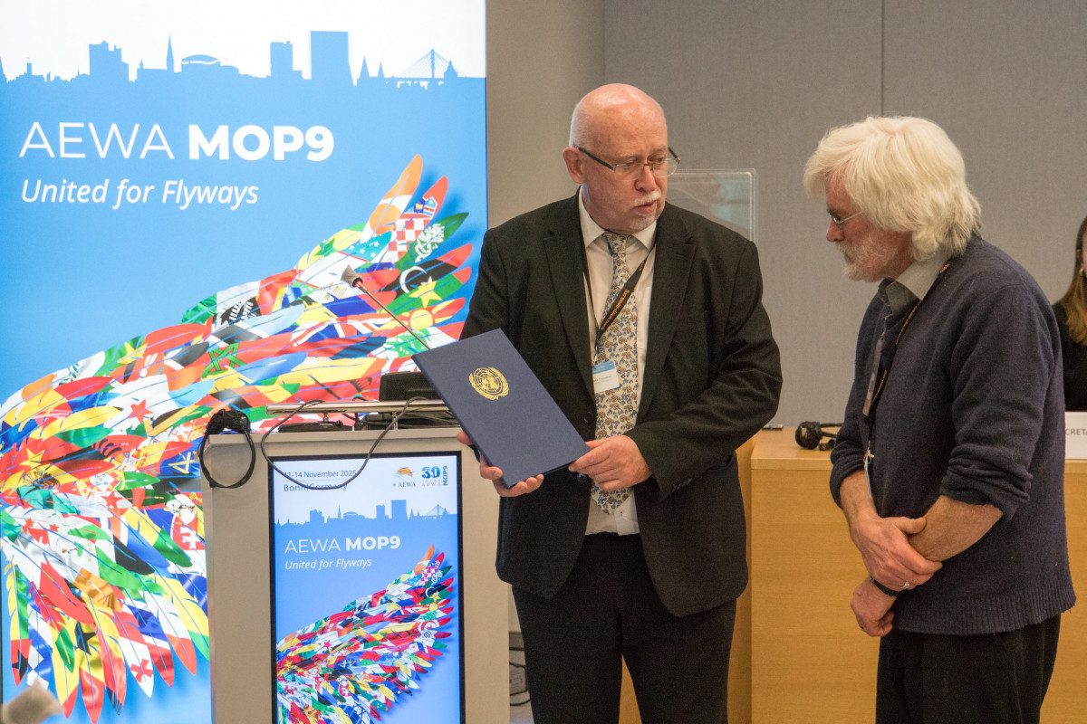 David Stroud, Honorary Patron of AEWA receiving the special 30th Anniversary United Nations Endangered Species Stamps at AEWA MOP9 on 11 November 2025 in Bonn, Germany / Photo by Aydin Bahramlouian (CC BY-NC 4.0)