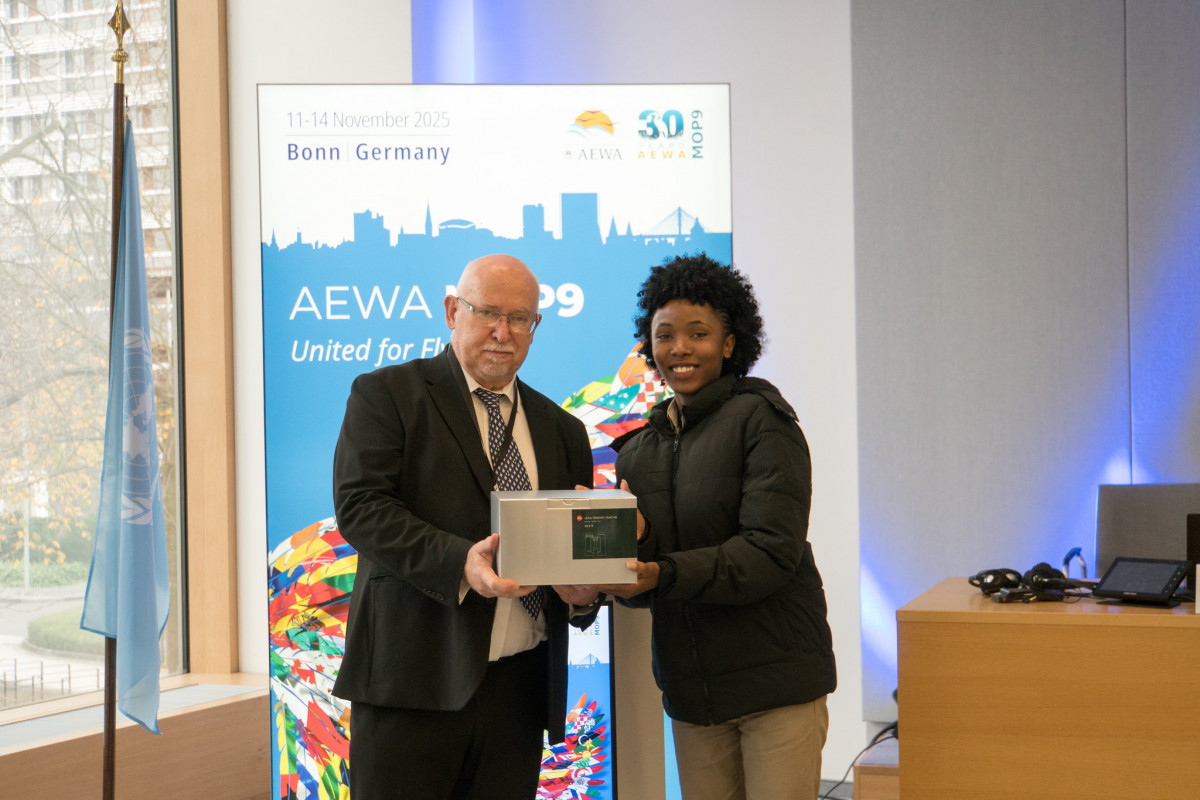 Recipient of one of the donated by Leica binoculars at AEWA MOP9 held on the UN Campus in Bonn, Germany / Photo by Aydin Bahramlouian (CC BY-NC 4.0)